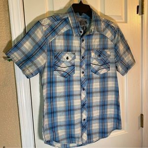 Rerun Mens S SMALL Button Down Shirt Western Plaid Tartan Pockets Adult Summer